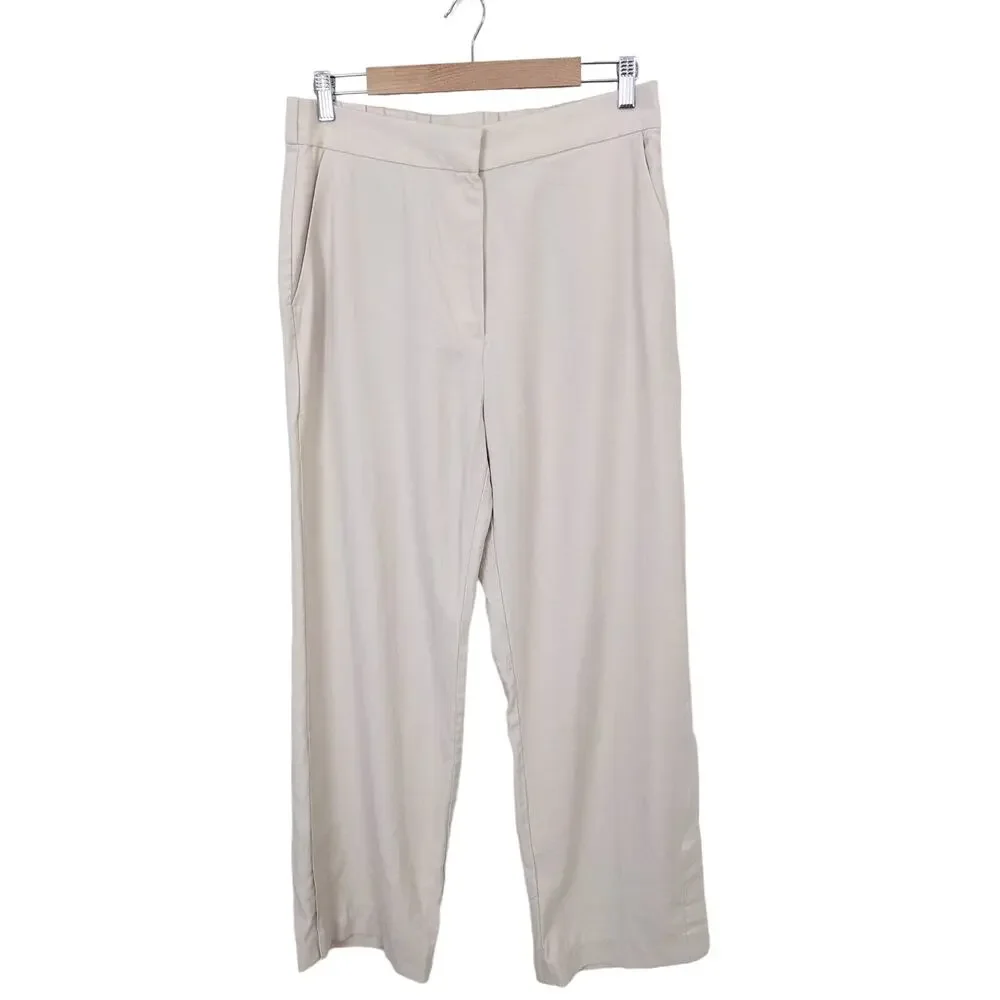 H&M Wide Leg Linen Blend Pants Sz L Beige Tan Side Slit Coastal Office Business